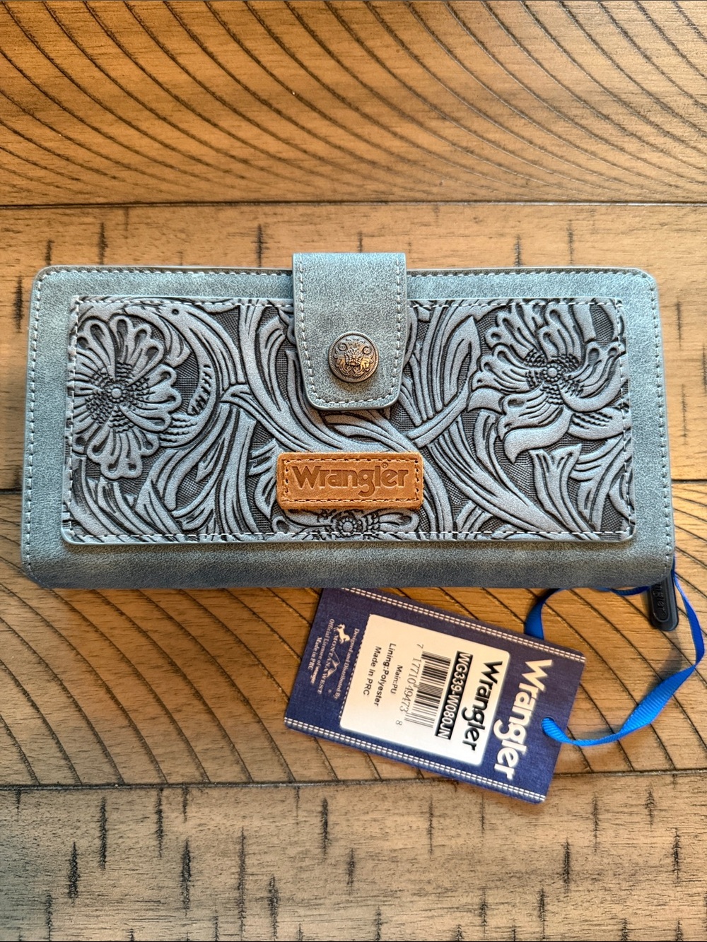 Wrangler Light Blue Floral Tooled Wallet with Tan Patch